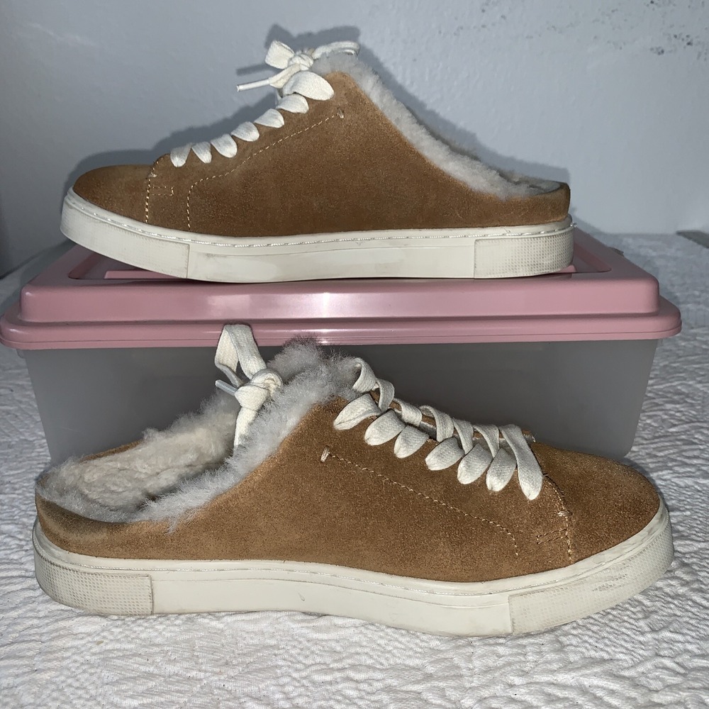 FRYE IVY‎ Wmn 6.5 M Genuine Shearling Fur Mule Sneaker Brown Suede Leather $158